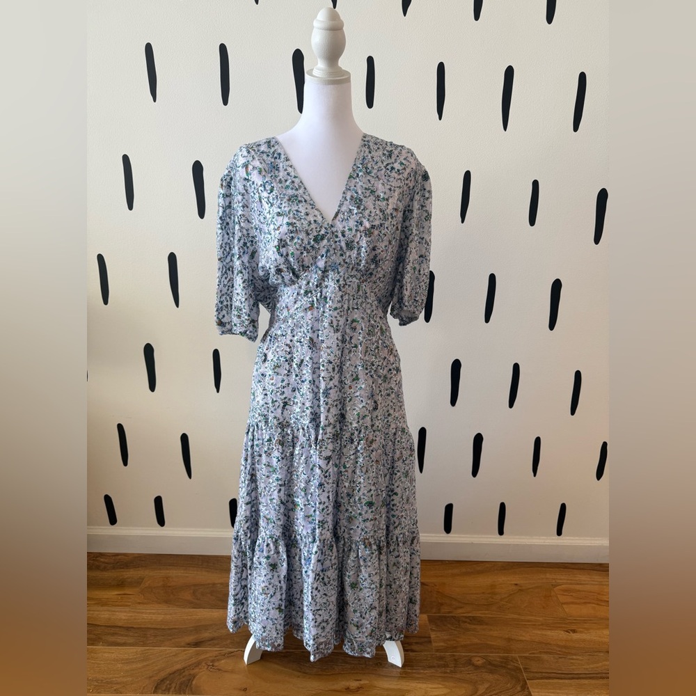 Tory Burch Light Blue Floral V-Neck Tiered Midi Dress